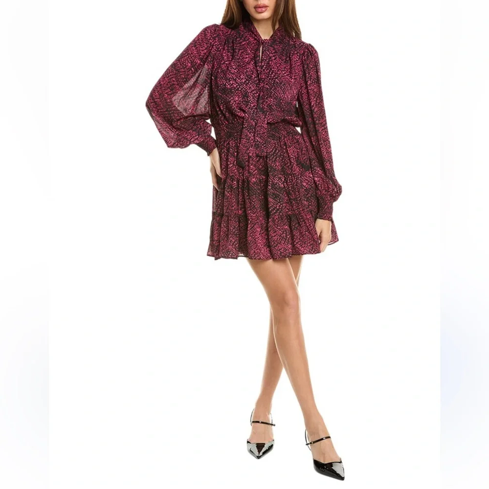 NWT Walter Baker Tie Neck Stellah Dress Sz 4 Magenta Pink Black Animal Print